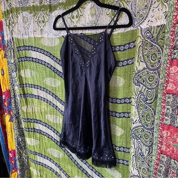 Vintage Y2K Black Silk Bedazzled Fringe Slip Dress Size Extra Small - Picture 8 of 15